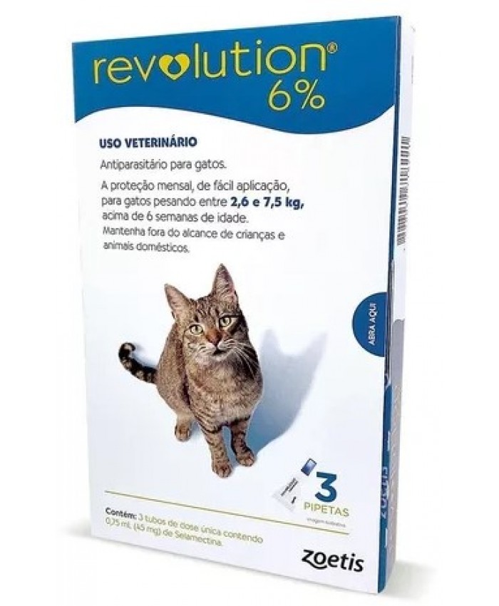 Revolution 6% - Gatos de 2,6 até 7,5kg - com 3 pipetas de  0,75 ml cada - Zoetis